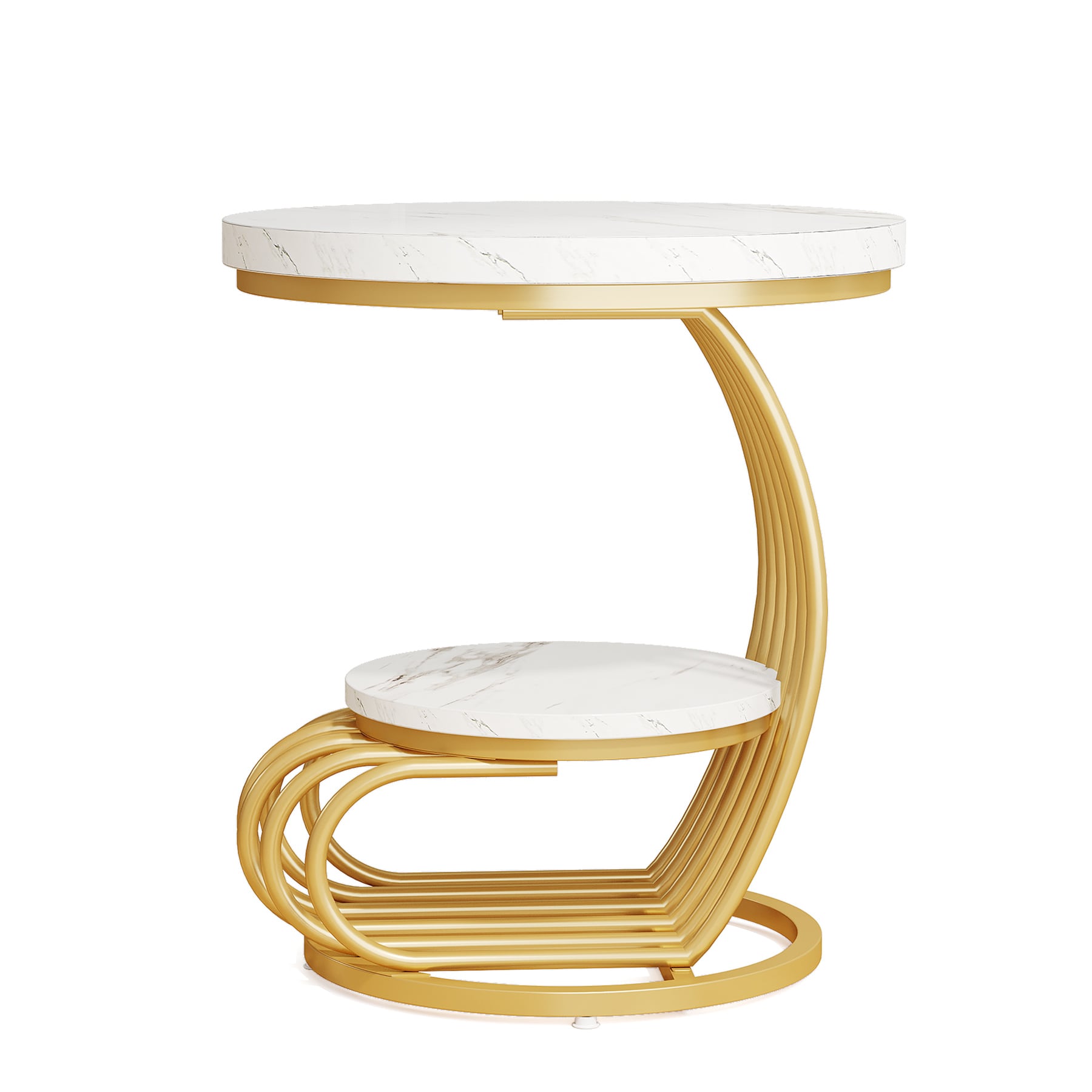 Round End Table With Storage Shelf, 2 Tiers Marble Side Table_voghion.com